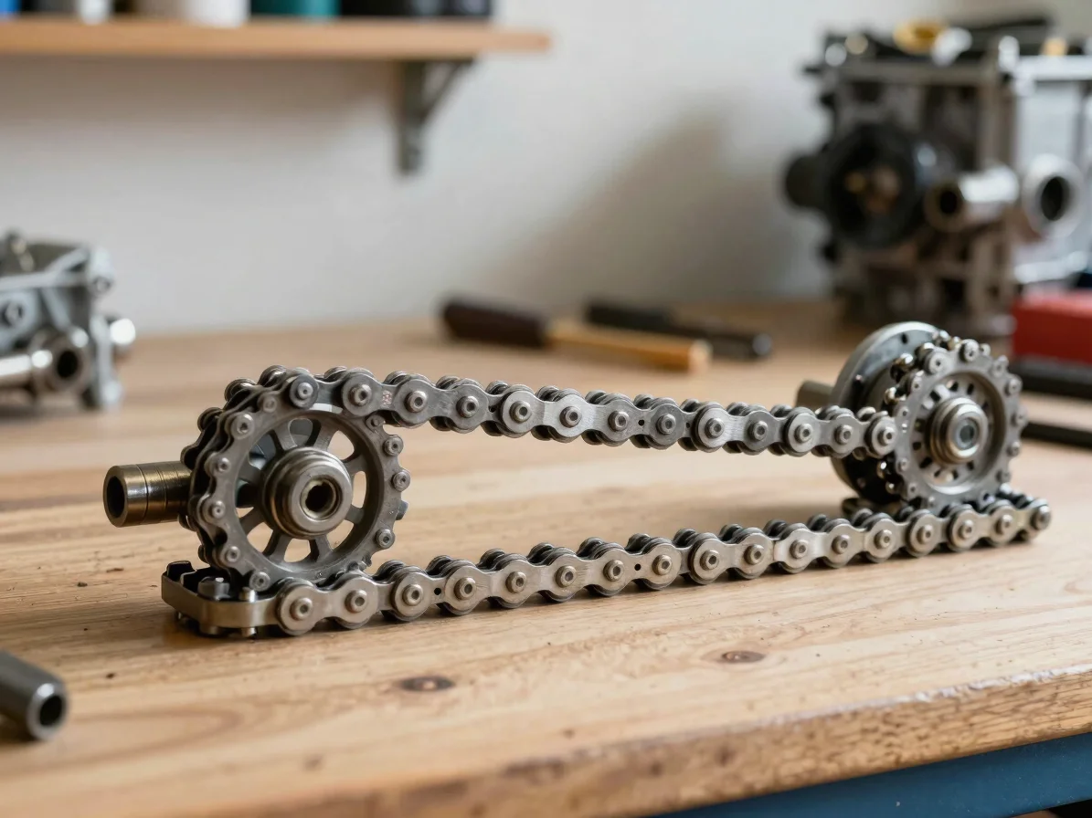 Primer plano de componentes mecánicos de una minimoto, detalle nítido de cadena y piñón sobre fondo de taller, luz natur