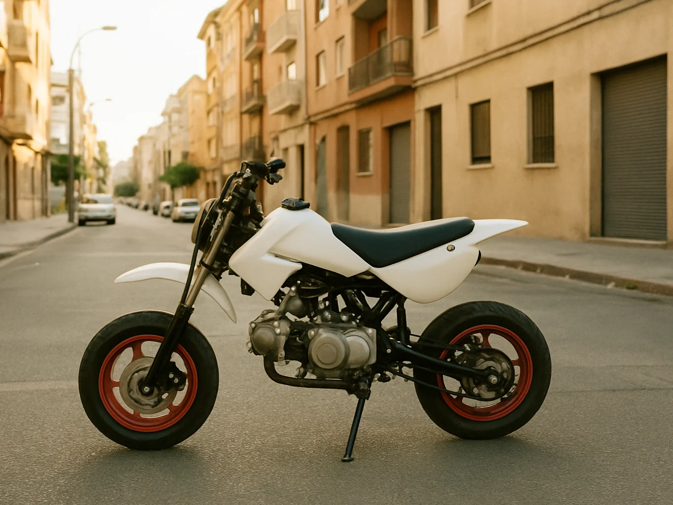Vista lateral limpia de una minimoto apoyada en un entorno urbano cotidiano de Valencia con luz mediterránea, sin signos