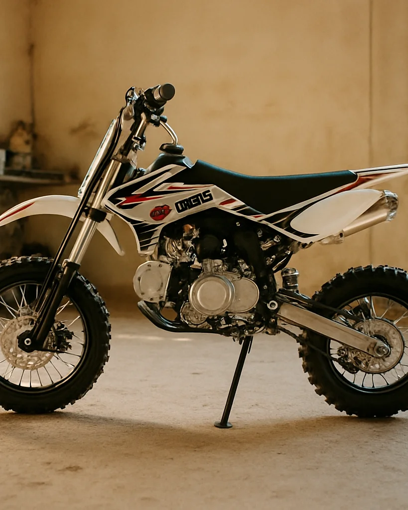 Pit bike completa de perfil sobre superficie de taller, luz natur