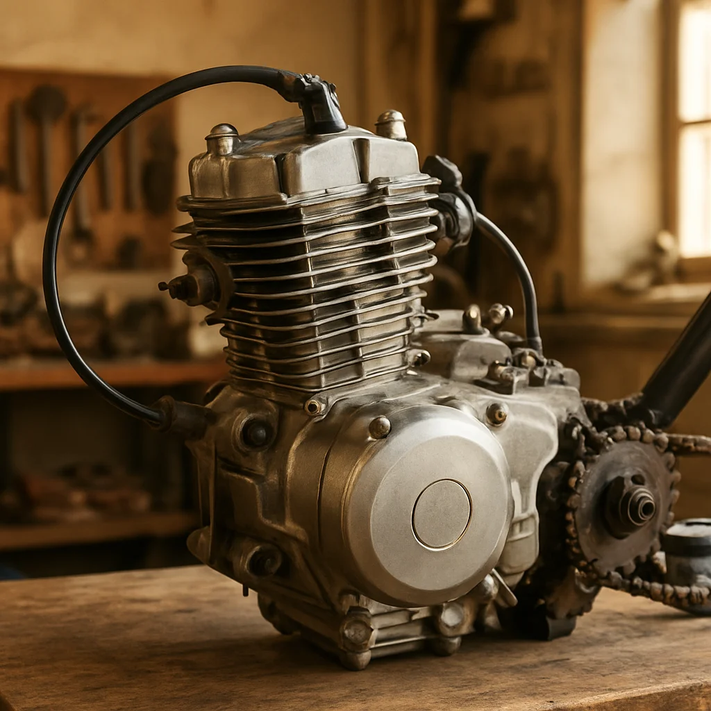 Primer plano del motor monocilíndrico de una pit bike sobre banco