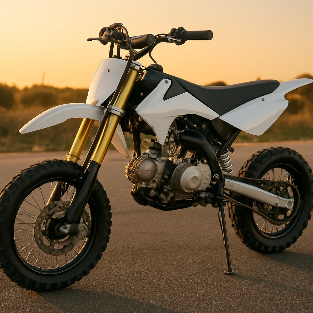 Pit bike de mayor envergadura vista en tres cuartos sobre asfalto