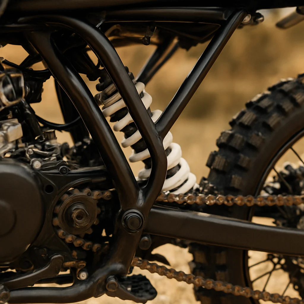 Chasis tubular de una pit bike visto de cerca con suspensión tras