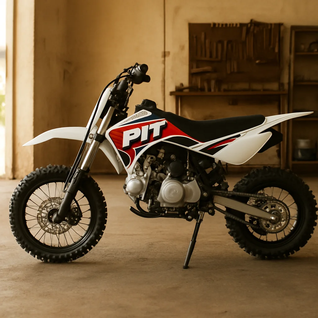 Pit bike completa de perfil lateral sobre suelo de taller, luz na